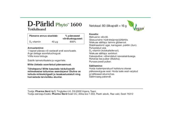 D-Pärlid Phyto 1600IU õlikapslid N80 info karbil